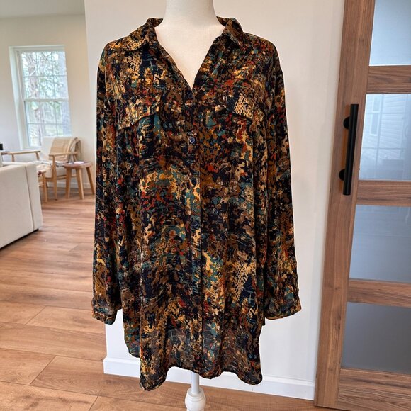 CJ Banks | 3X Multicolor Earthy Long Sleeve Button Up Tunic Top Shirt Artsy Art - Picture 1 of 9